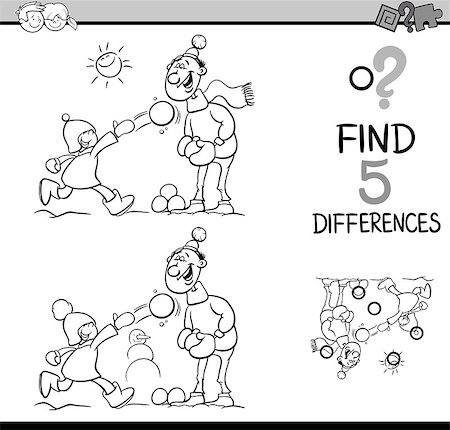 simsearch:400-08551227,k - Black and White Cartoon Illustration of Finding Differences Educational Task for Preschool Children with Father and Son on Winter Time for Coloring Book Stock Photo - Budget Royalty-Free & Subscription, Code: 400-08551225