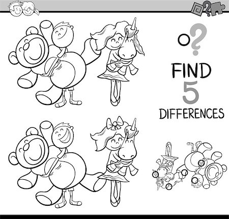 simsearch:400-08916719,k - Black and White Cartoon Illustration of Finding Differences Educational Activity for Preschool Children with Kids and Toys for Coloring Book Stock Photo - Budget Royalty-Free & Subscription, Code: 400-08551227