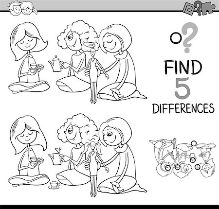 simsearch:400-08916719,k - Black and White Cartoon Illustration of Finding Differences Educational Activity for Preschool Children with Girls Playing House for Coloring Book Stock Photo - Budget Royalty-Free & Subscription, Code: 400-08551229