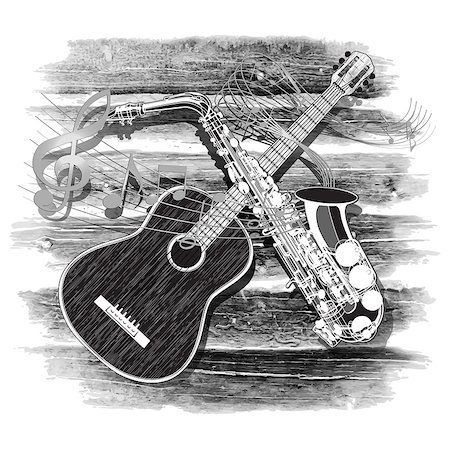 drstokvektor (artist) - Vector illustration of an acoustic guitar and saxophone on the wooden background in a monochrome version Stockbilder - Microstock & Abonnement, Bildnummer: 400-08551222