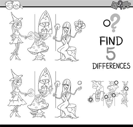 simsearch:400-08551227,k - Black and White Cartoon Illustration of Finding Differences Educational Task for Preschool Children with Fantasy Characters for Coloring Book Stock Photo - Budget Royalty-Free & Subscription, Code: 400-08551223