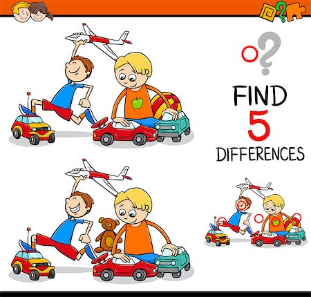 simsearch:400-08410906,k - Cartoon Illustration of Finding Differences Educational Activity for Preschool Children with Boys Playing Cars and Plane Foto de stock - Super Valor sin royalties y Suscripción, Código: 400-08551230