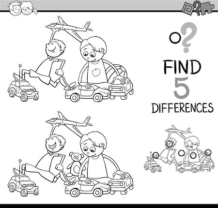 simsearch:400-08551227,k - Black and White Cartoon Illustration of Finding Differences Educational Activity for Preschool Children with Boys Playing Cars and Plane for Coloring Book Stock Photo - Budget Royalty-Free & Subscription, Code: 400-08551231