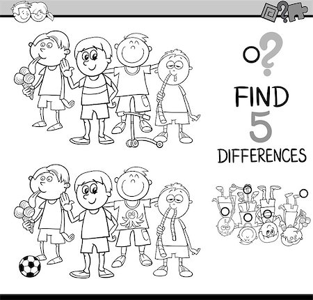 simsearch:400-08551227,k - Black and White Cartoon Illustration of Finding Differences Educational Activity for Preschool Children with Little Boys Group for Coloring Book Stock Photo - Budget Royalty-Free & Subscription, Code: 400-08551233