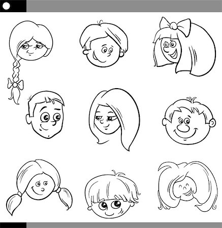 simsearch:400-08557267,k - Black and White Cartoon Illustration of Children Heads Set Stock Photo - Budget Royalty-Free & Subscription, Code: 400-08551279