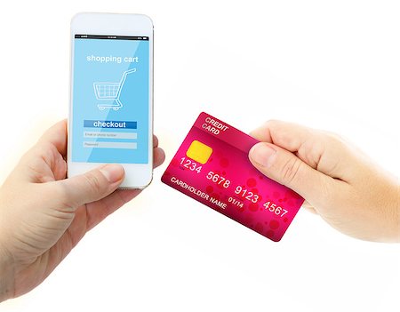 simsearch:630-06724757,k - hands holding plastic card and phone with virtual shop on screen isolated on white background Stock Photo - Budget Royalty-Free & Subscription, Code: 400-08551476