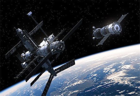 simsearch:400-08705583,k - Space Station And Spacecraft In Space. 3D Scene. Photographie de stock - Aubaine LD & Abonnement, Code: 400-08551728