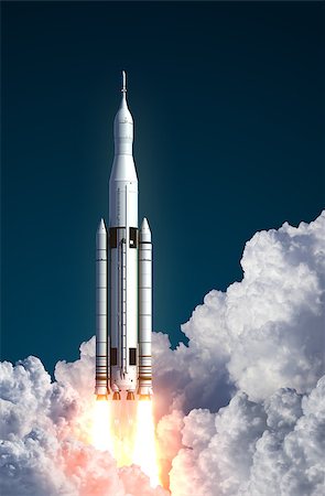 Space Launch System Takes Off In The Clouds. 3D Scene. Photographie de stock - Aubaine LD & Abonnement, Code: 400-08551729