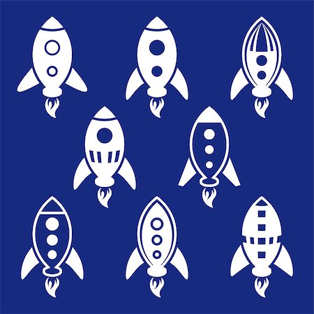 White vector rocket icons collection on blue background Stock Photo - Budget Royalty-Free & Subscription, Code: 400-08551723