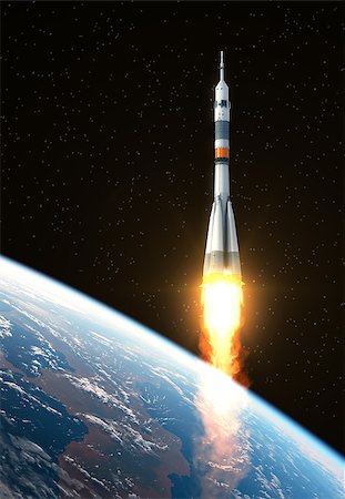 simsearch:400-08705583,k - Carrier Rocket Launch In Space. 3D Scene. Photographie de stock - Aubaine LD & Abonnement, Code: 400-08551734