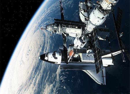 simsearch:400-08221425,k - Space Station And Space Shuttle Orbiting Earth. 3D Scene. Stockbilder - Microstock & Abonnement, Bildnummer: 400-08551733