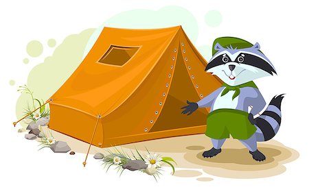 simsearch:400-06700048,k - Summer holiday camp. Scout raccoon standing near tent. Raccoon tourist tent set. Camping. Cartoon illustration in vector format Stock Photo - Budget Royalty-Free & Subscription, Code: 400-08551752