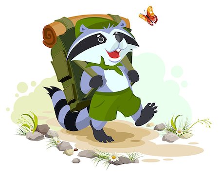 Scout raccoon with backpack goes camping. Summer Camping. Cartoon illustration in vector format Stock Photo - Budget Royalty-Free & Subscription, Code: 400-08551772