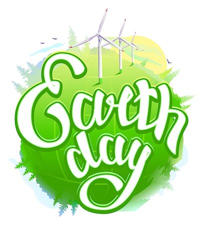 Earth Day. Green Earth and wind energy. Earth Day lettering text. Illustration in vector format Foto de stock - Royalty-Free Super Valor e Assinatura, Número: 400-08551859