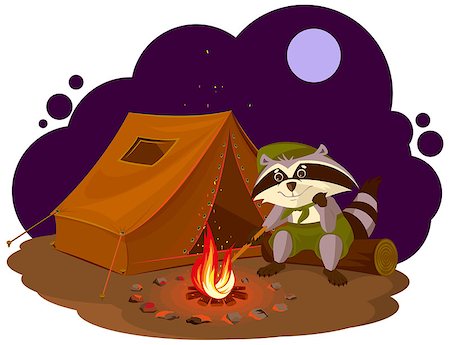 Summer holiday camp. Scout raccoon sitting around campfire. Raccoon tourist tent set. Camping. Cartoon illustration in vector format Stock Photo - Budget Royalty-Free & Subscription, Code: 400-08551877