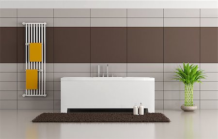 simsearch:6102-08726973,k - Brown and beige minimalist bathroom with bathtub and vertical radiator - 3D Rendering Foto de stock - Super Valor sin royalties y Suscripción, Código: 400-08551977