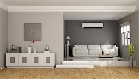 room with air conditioner - Two levels modern living room with sofa , sideboard and air conditioner- 3D Rendering Stock Photo - Budget Royalty-Free & Subscription, Code: 400-08551981