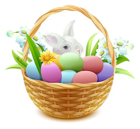 simsearch:400-05194830,k - Wicker basket with Easter eggs, flowers and bunny. Isolated on white vector illustration Stockbilder - Microstock & Abonnement, Bildnummer: 400-08552082
