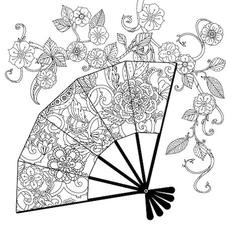 simsearch:400-08616791,k - Oriental fan decorated with floral patterns Zentangle interpretation. Black and white. Vector illustration. The best for your design, textiles, posters, coloring book Foto de stock - Super Valor sin royalties y Suscripción, Código: 400-08552083