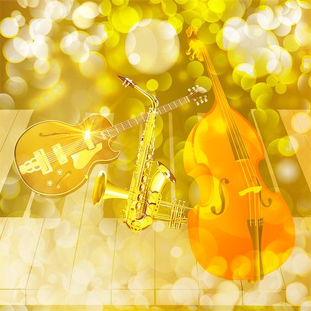 simsearch:400-04620356,k - Vector illustration instruments jazz double bass, guitar, saxophone, trumpet on a brilliant background. Stock Photo - Budget Royalty-Free & Subscription, Code: 400-08552159