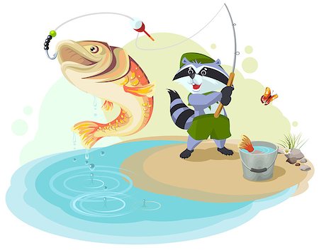 fisherman, big fish - Raccoon scout fishing. Fisherman caught big fish. Cartoon illustration in vector format Stock Photo - Budget Royalty-Free & Subscription, Code: 400-08552201