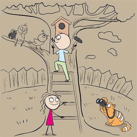 simsearch:400-06520273,k - International Bird Day Man hangs birdhouse in tree. Nesting box. Cartoon illustration in vector format Stock Photo - Budget Royalty-Free & Subscription, Code: 400-08552335