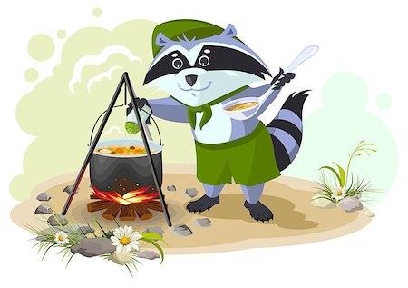 pan to the fire - Scout raccoon cooking soup over campfire. Summer holidays camping. Cartoon illustration in vector format Foto de stock - Super Valor sin royalties y Suscripción, Código: 400-08552548