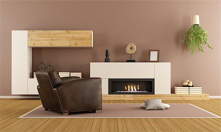 simsearch:400-07981410,k - Modern living room with decorative fireplace and vintage armchair - 3D Rendering Stock Photo - Budget Royalty-Free & Subscription, Code: 400-08552897