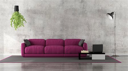 Minimalist living room with grunge concrete wall and purple sofa on carpet - 3D Rendering Stock Photo - Budget Royalty-Free & Subscription, Code: 400-08552899