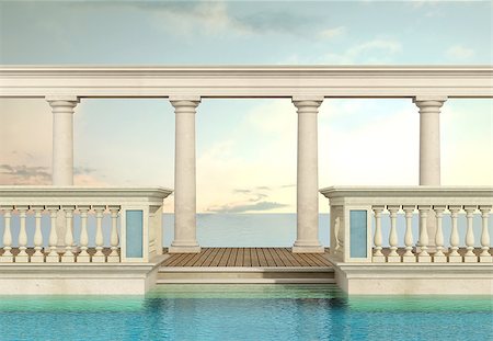 simsearch:400-08427462,k - luxury swimming pool with classic balustrade and colonnade overlooking the sea - 3d Rendering Stock Photo - Budget Royalty-Free & Subscription, Code: 400-08552902