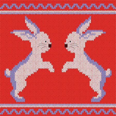 Knitted Ornamental vector pattern with white and blue two rabbits on the bright red background Stock Photo - Budget Royalty-Free & Subscription, Code: 400-08552930