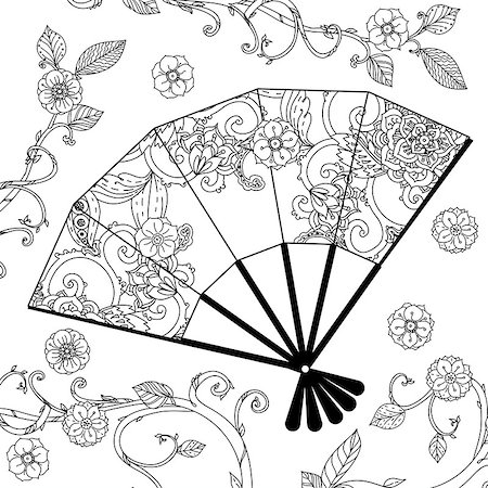 simsearch:400-08616791,k - Oriental fan decorated with floral patterns  Black and white. Vector illustration. The best for your design, textiles, posters, coloring book Foto de stock - Super Valor sin royalties y Suscripción, Código: 400-08552942