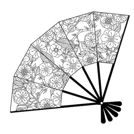 simsearch:400-08616791,k - Oriental fan decorated with floral patterns  Black and white. Vector illustration. The best for your design, textiles, posters, coloring book Foto de stock - Super Valor sin royalties y Suscripción, Código: 400-08552943