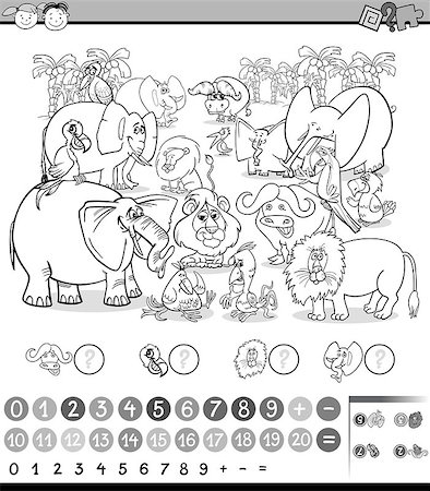 simsearch:400-08965099,k - Black and White Cartoon Illustration of Education Mathematical Game of Counting Safari Animals for Preschool Children Stock Photo - Budget Royalty-Free & Subscription, Code: 400-08552967