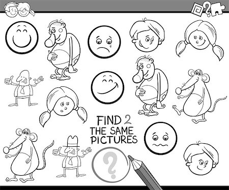 simsearch:400-09051327,k - Black and White Cartoon Illustration of Find Exactly the Same Pictures Educational Activity Task for Preschool Children Coloring Book Stock Photo - Budget Royalty-Free & Subscription, Code: 400-08552960