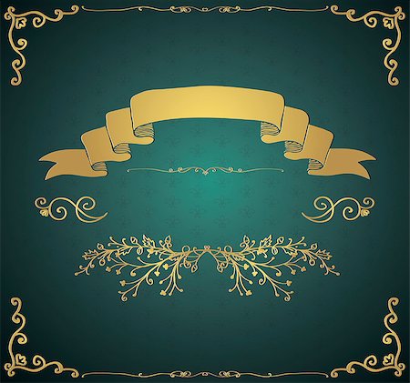 simsearch:400-08755813,k - Golden Glossy Royal Vintage Invitation Greeting Card with Doodle Hand Sketched Elements. Decorative Retro Design Elements. Branches, Dividers, Swirls, Ribbon. Vector Illustration Stock Photo - Budget Royalty-Free & Subscription, Code: 400-08553304