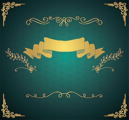 simsearch:400-08755813,k - Golden Glossy Royal Vintage Invitation Greeting Card with Doodle Hand Sketched Elements. Decorative Retro Design Elements. Branches, Dividers, Swirls, Ribbon. Vector Illustration Stock Photo - Budget Royalty-Free & Subscription, Code: 400-08553303