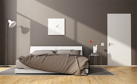 simsearch:400-07796866,k - Brown modern bedroom with white double bed and closed door - 3D Rendering Stock Photo - Budget Royalty-Free & Subscription, Code: 400-08553659