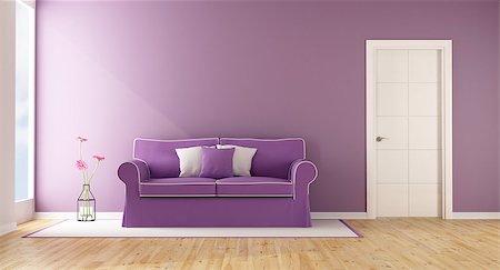 simsearch:400-08797073,k - Purple living room with elegant sofa and closed door - 3D Rendering Stock Photo - Budget Royalty-Free & Subscription, Code: 400-08553664