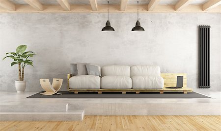 Contemporary living room with pallet sofa on cement platform - 3D Rendering Foto de stock - Super Valor sin royalties y Suscripción, Código: 400-08553666