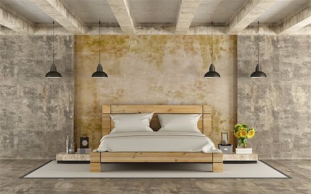 Wooden double bed in grunge room with concrete walls and cement beams - 3D Rendering Stock Photo - Budget Royalty-Free & Subscription, Code: 400-08553660