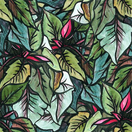 simsearch:400-08814672,k - Seamless pattern with watercolor leaves.  Drawing ink and watercolor. Stock Photo - Budget Royalty-Free & Subscription, Code: 400-08553825