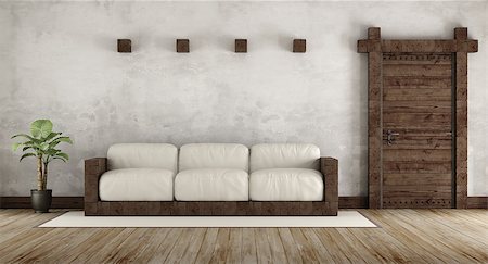 simsearch:400-06396983,k - Living room in rustic style with wooden couch and old wooden door - 3d Rendering Stock Photo - Budget Royalty-Free & Subscription, Code: 400-08553947