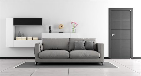 Black and white living room with sofa,wall unit and closed door - 3d Rendering Stock Photo - Budget Royalty-Free & Subscription, Code: 400-08553950