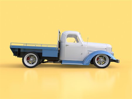 Old restored pickup. Pick-up in the style of hot rod. 3d illustration. White and blue car on a yellow background Foto de stock - Super Valor sin royalties y Suscripción, Código: 400-08574230