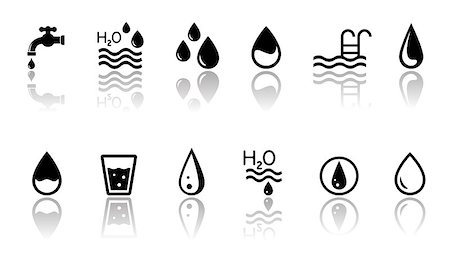 pictures of water glass and faucet - black water concept symbols set with mirror reflection Stock Photo - Budget Royalty-Free & Subscription, Code: 400-08574595