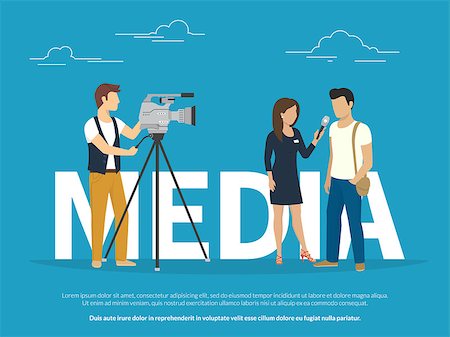 Mass media concept illustration of live news tv broadcasting. Flat design of female reporter taking the interview with young guy staying near big letters media on blue background Stock Photo - Budget Royalty-Free & Subscription, Code: 400-08574717