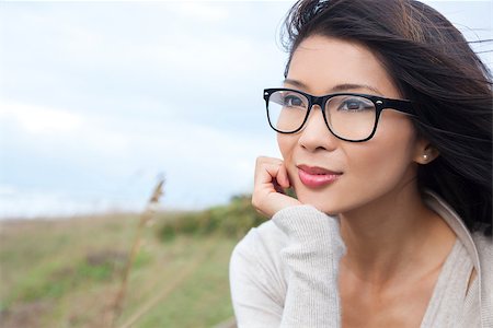 Portrait of a beautiful thoughtful chinese asian girl or young woman outside wearing glasses Stock Photo - Budget Royalty-Free & Subscription, Code: 400-08574962