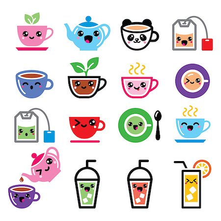 Cute happy Kawaii vector icons set - tea isolated on white Stock Photo - Budget Royalty-Free & Subscription, Code: 400-08575417