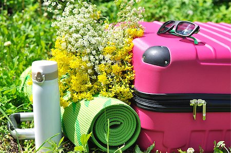 Pink suitcase with thermos, wildflowers and yoga mat Stockbilder - Microstock & Abonnement, Bildnummer: 400-08576008